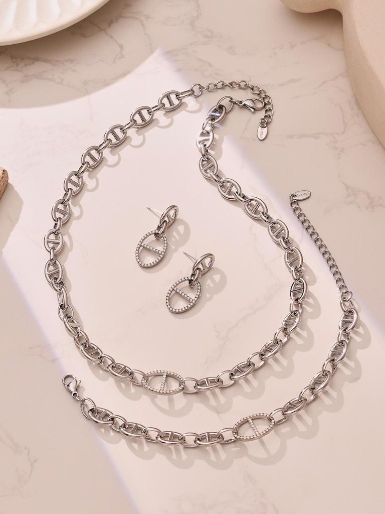 Stainless Steel Pig Nose Zircon-Inlaid Jewelry Set: Necklace, Bracelet, Earrings