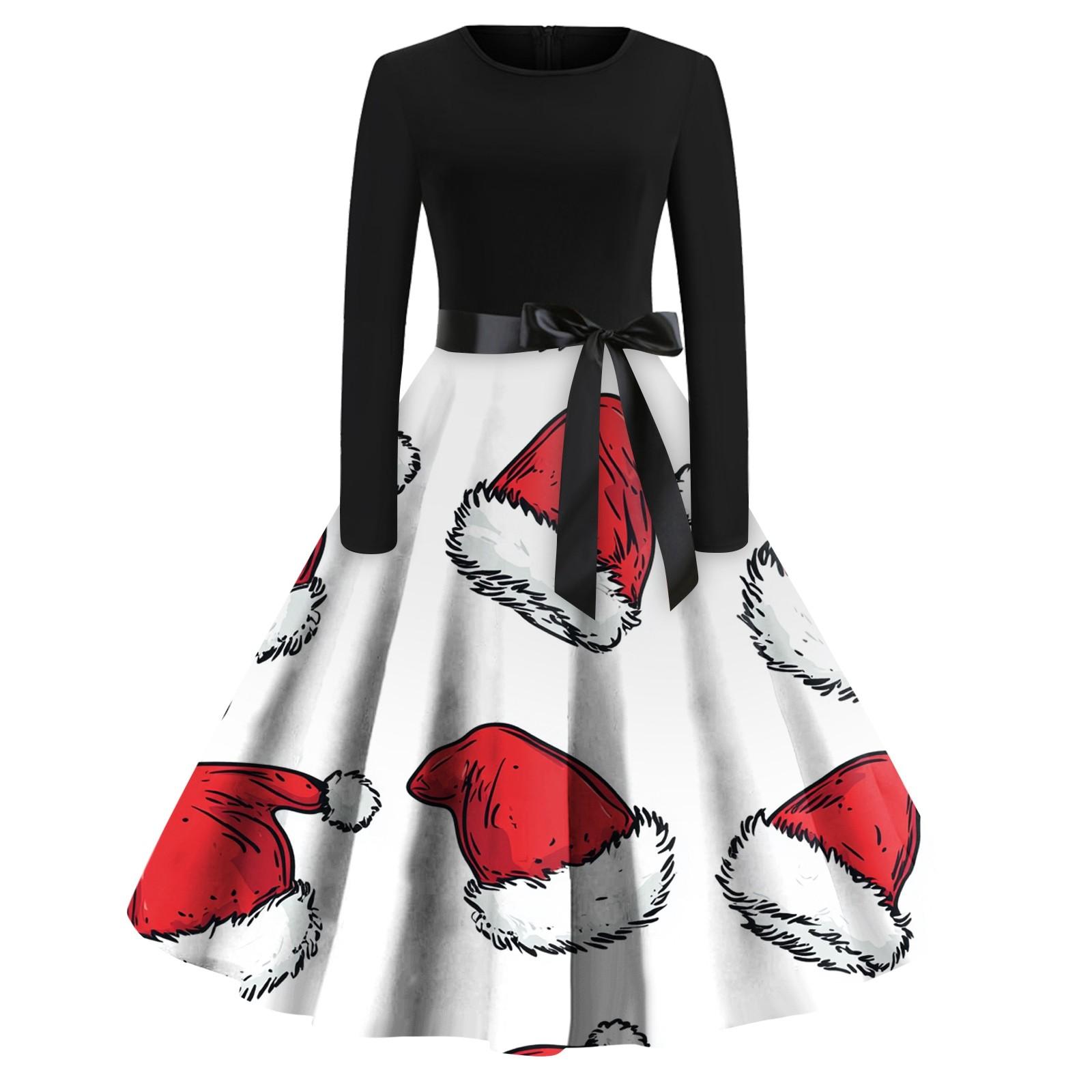 

Женская мода с круглым вырезом, повседневные тонкие рождественские платья с длинным рукавом и принтом M винный