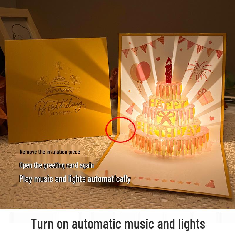 3D Stereoscopic Music Light Greeting Card: Foldable Cake & Blessing Message for Happy Birthday Gift