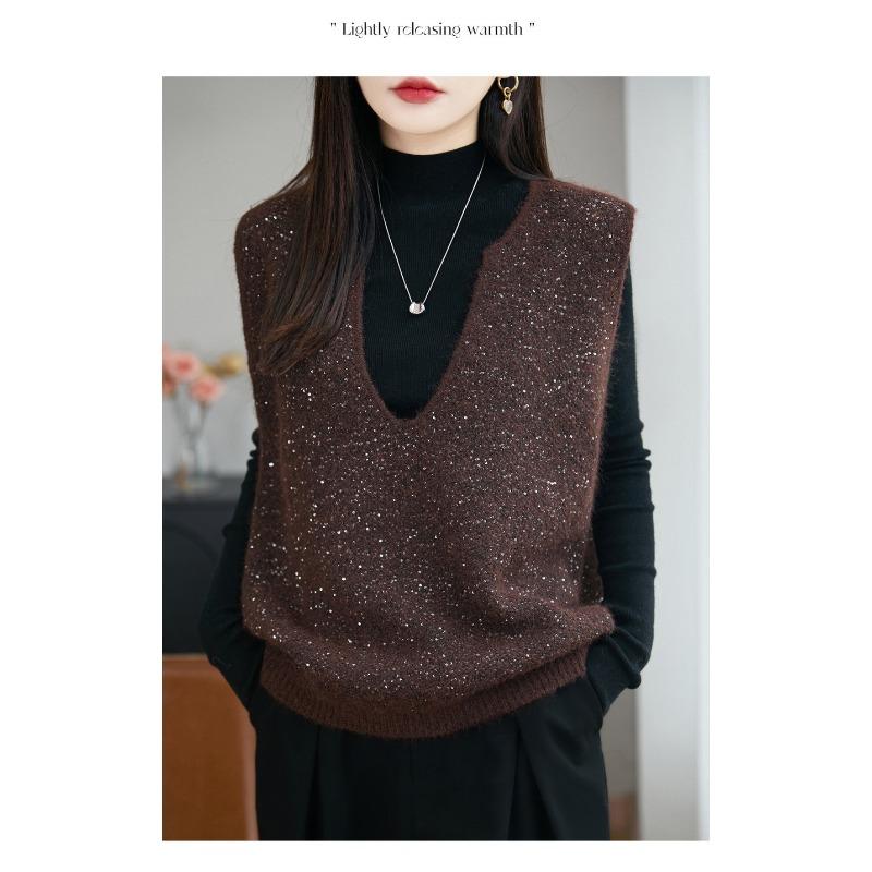 French Style V Neck Sequin Sleeveless Knit Vest Women Casual Layering Top