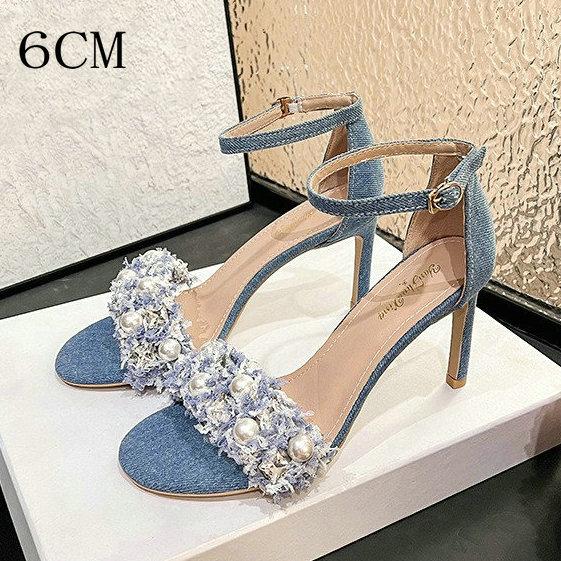 Fashion 2025 New Summer Pearl Sandals Round Head Open Toe Fashion All-in-one Korean One-line Belt Denim High Heels