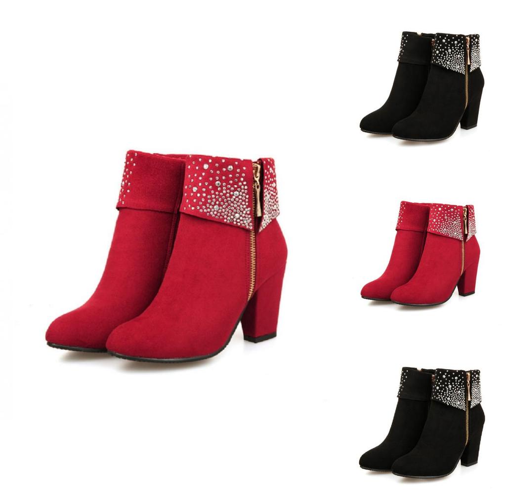 Damenmode Strass Klobige Reißverschluss Lederstiefel Mit Zeitlosem Design-Appeal
