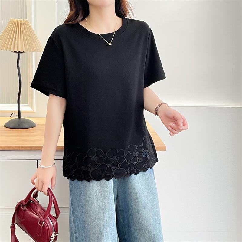 Plus Size Women Cotton Blend Short Sleeve T-Shirt Round Neck Floral Embroidery Hem Loose Slim Fit Casual Elegant Blouse Summer Daily Tops Item 23-727