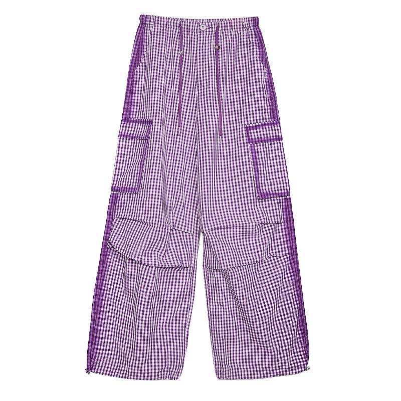 

Tuogu Plaid Paratrooper Wide-Leg Pants - Spring/Summer Trendy Lazy Street Dance Sports Casual Wear Small