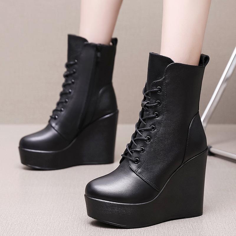 Women Genuine Leather Ankle Boots Winter Female Plush Snow Boots Platform Wedge Boots Women's High Heel Shoes Size 33-43