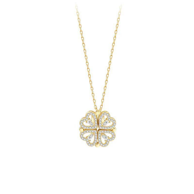Trendy Four-Leaf Clover Reversible Necklace with Diamond Pendant - Versatile Style for Women