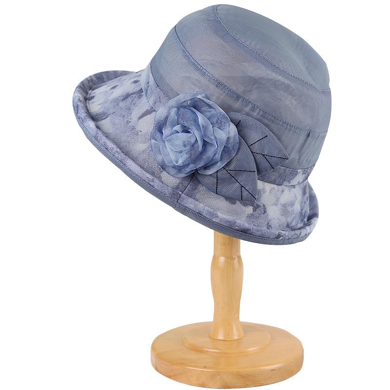 Medium-sized elderly hat women's mesh thin summer outdoor organza mother cool hat sun protection sun hat curled flower