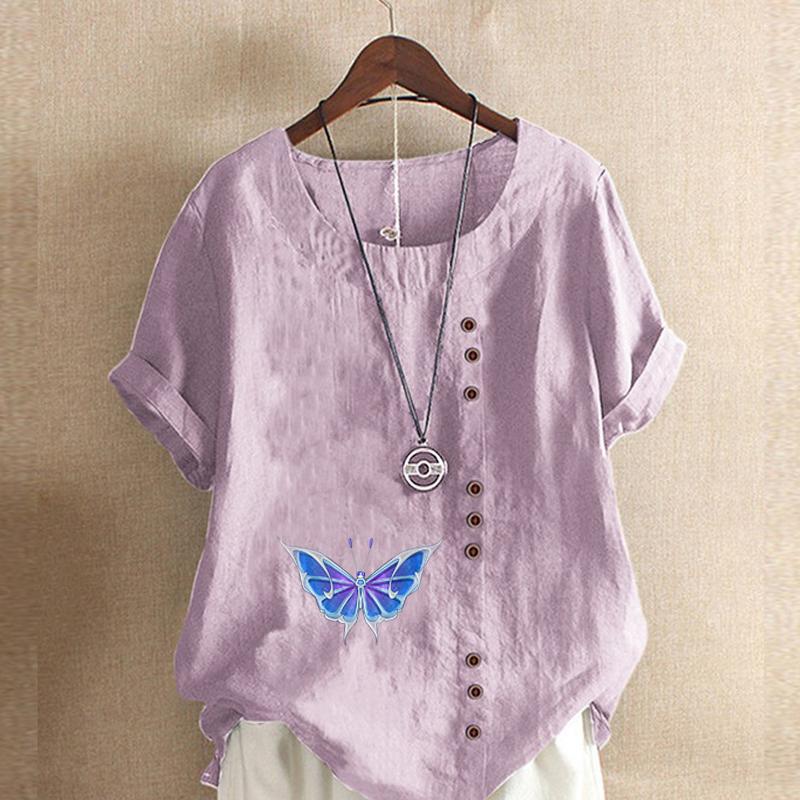 Damenmode Rundhals Kurzarm T-Shirt Lässiges Baumwollleinen Grafikhemd Freizeit Lose Schmetterling Bedruckte Sommerbluse Tops