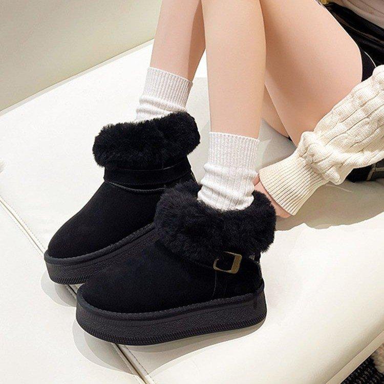 Warm Flipped Plush Thick-soled Medium Tube Snow Boots for Women To Increase Their Height In Winter 2025 New Leather Fluffy Thickened Cotton Shoes