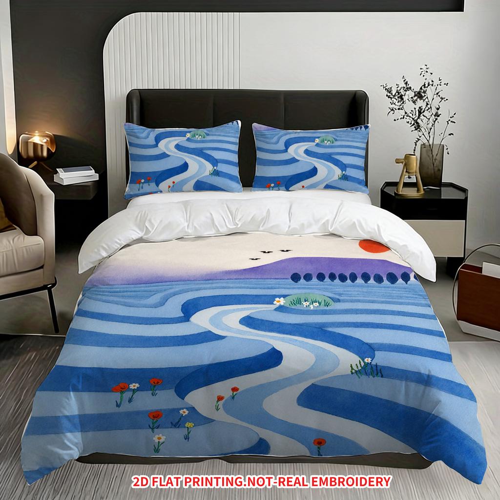 Quilt cover pillowcase three-piece set, blues terraced flower bedding, skin-friendly and breathable, machine washable