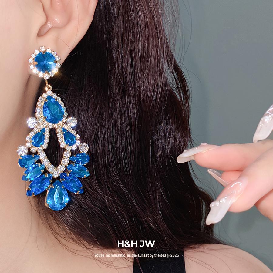 Silver Needle Diamond Hollow Geometric Water Drop Tassel Earrings Cross-border European and American Court Style Earrings Light Luxury Premium Earring