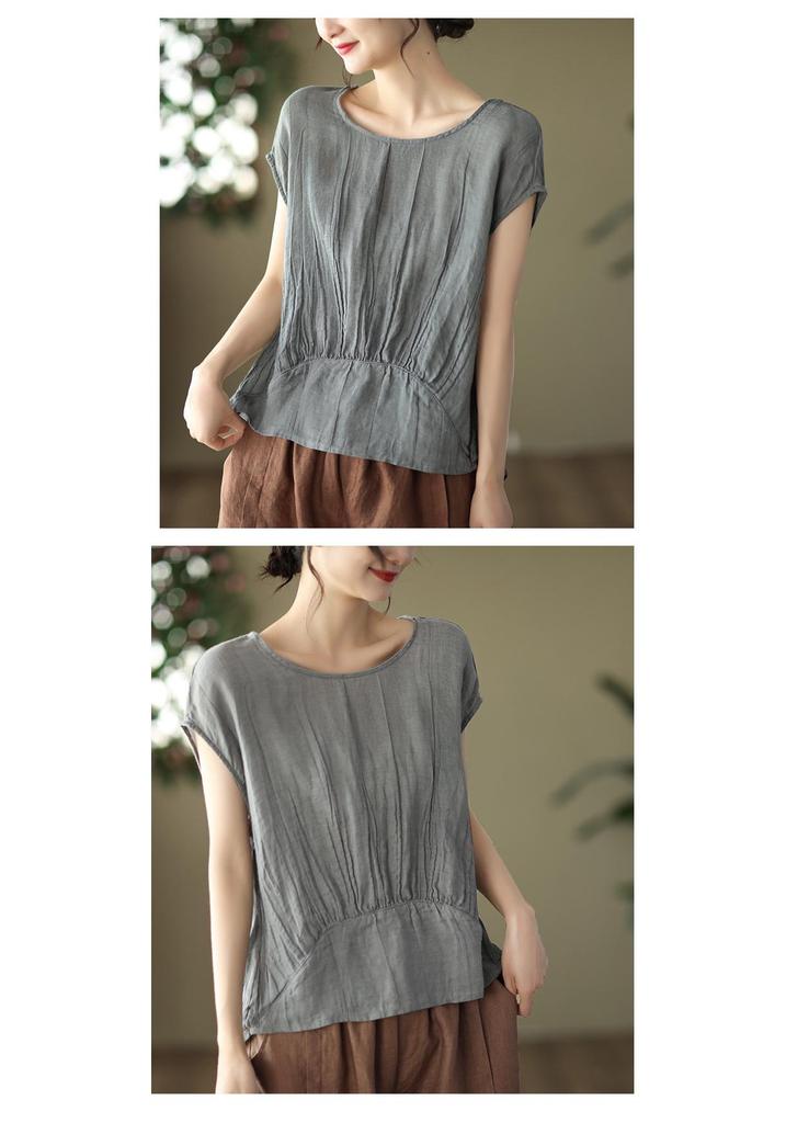 Women's Stylish Summer 2026 Solid Color Tencel Shirt - Loose Fit, Round Neck, Short Sleeves