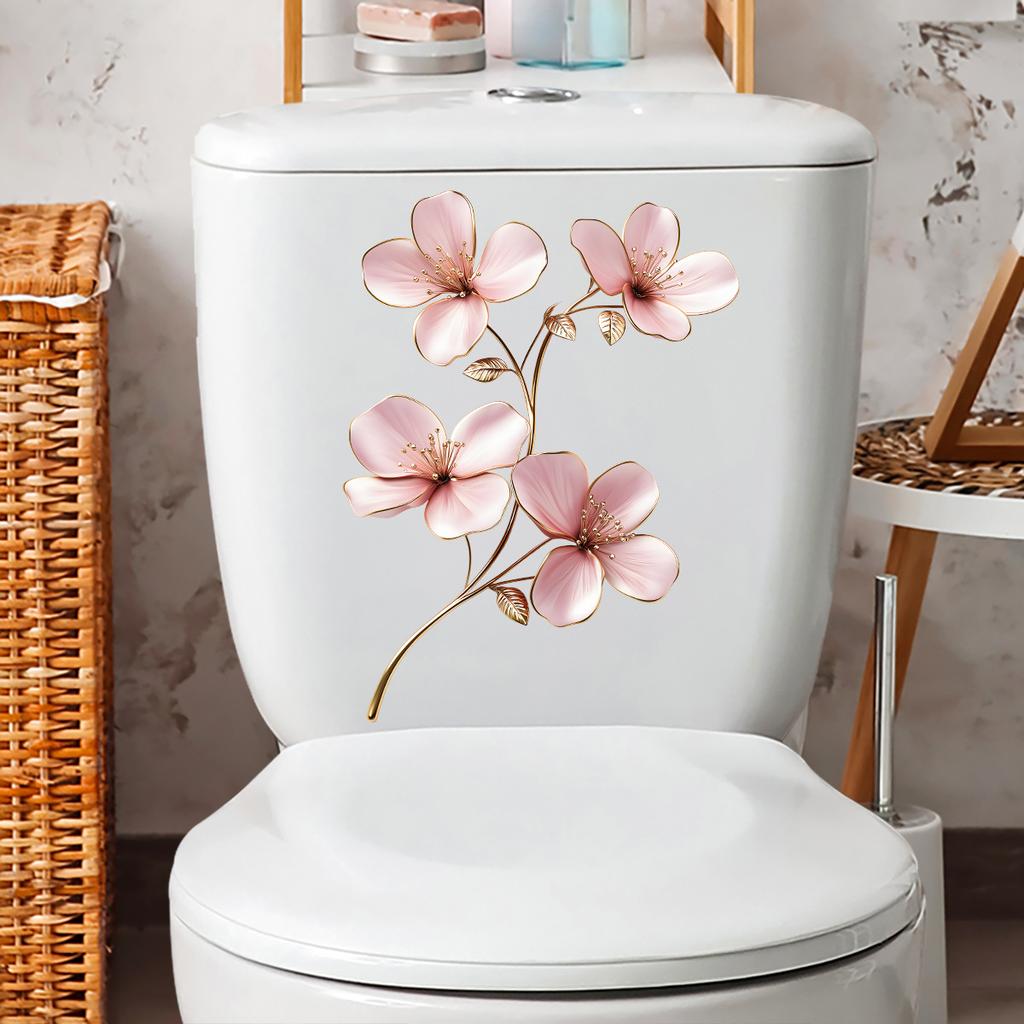 Light Luxury Style Golden-edge Pink Flower Toilet Stickers, Bathroom Wall Decorative Stickers