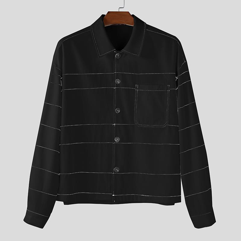 

INCERUN Мужские весенние рубашки с лацканами, длинными рукавами, полосатые, повседневные, оверсайз 5XL чёрный