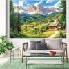 1pc 2D mountain village scenery background - pastoral scenery of temples, wooden houses, and trees, perfect for photography