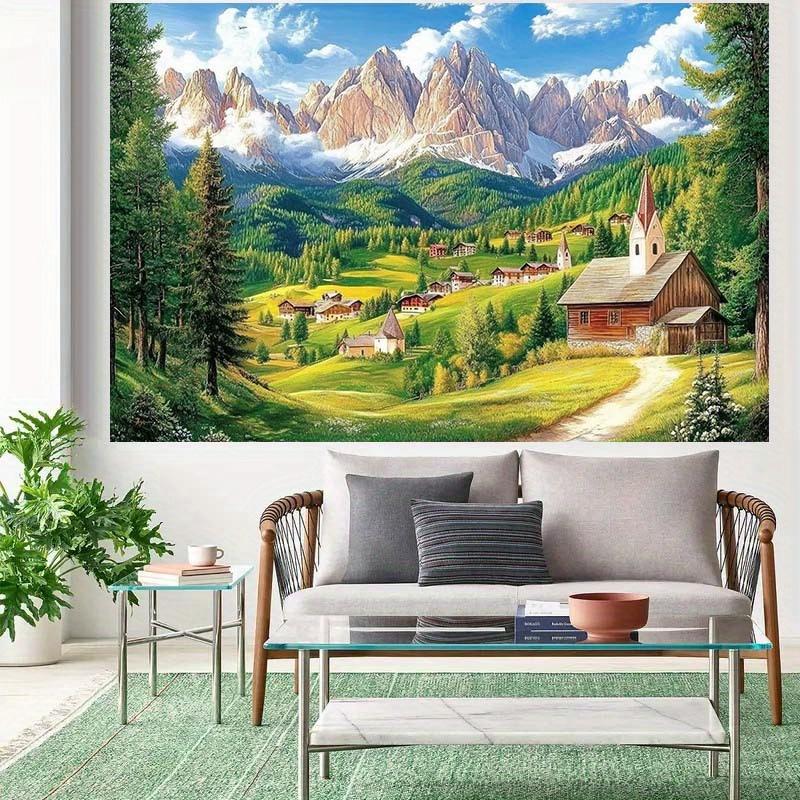 1pc 2D mountain village scenery background - pastoral scenery of temples, wooden houses, and trees, perfect for photography