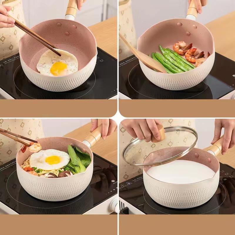 Cratiță antiaderentă de bucătărie cu mâner de lemn Tigaie cu omletă Oale de gătit Supă de lapte Ustensile de bucătărie Aragaz cu inducție universal