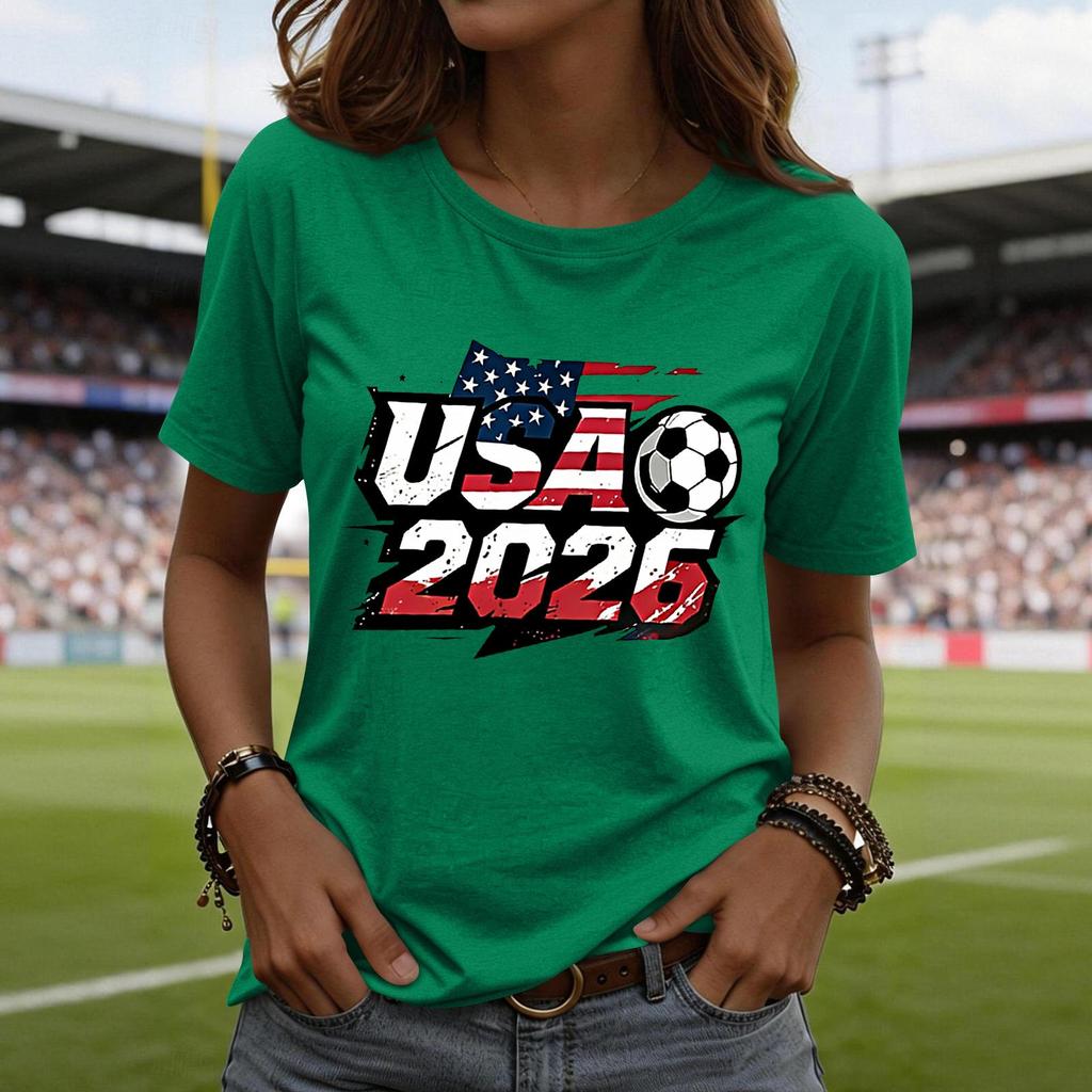 Women’s Short Sleeve Crewneck T Shirt with USA 2026 Graphic Print Soccer Ball Casual Loose Fit Top Tee
