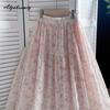 Japanese Mori Girl Spring Summer Women Pink Skirt Elastic Waist Floral Embroidery Sweet Skirt Vintage Delicate Cotton Skirts Womens