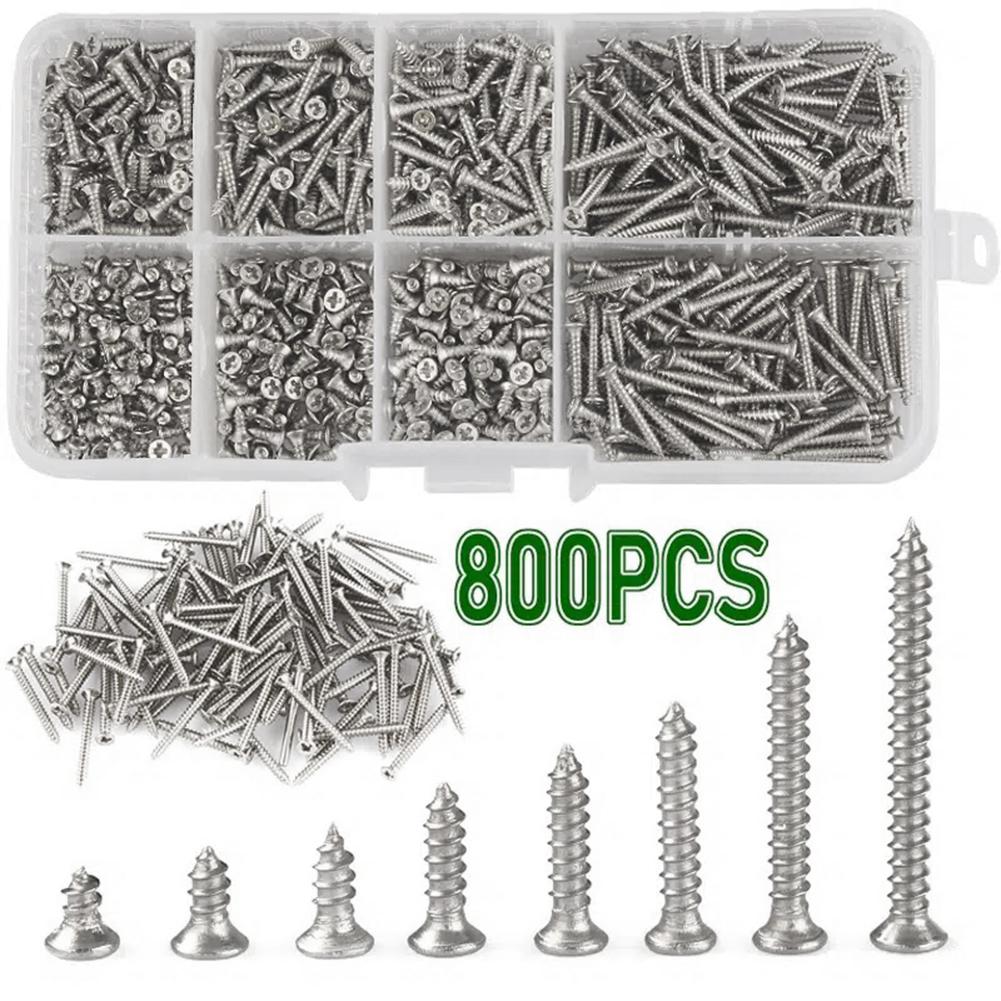 800PCS Self Tapping Screw Assortment Cross Flat Head M2 Thread Nail Screw Set Carbon Steel for Deck/Drywall/Concret/Sheet Metal