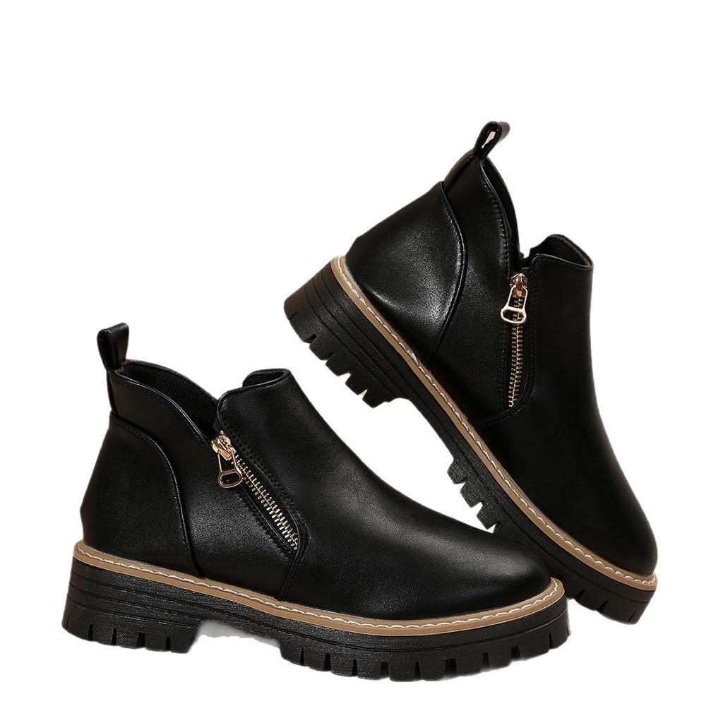 Autumn and Winter New Round Toe Thick High-heeled Short Boots, Side Zipper Waterproof Platform Women's Shoes