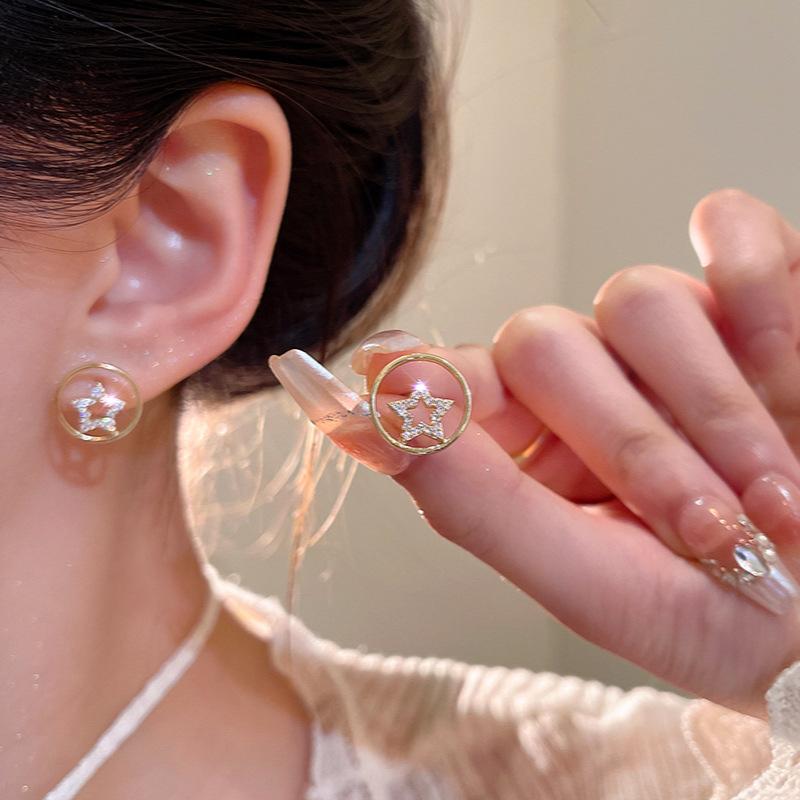 Micro-inlaid zircon star stud earrings women s versatile geometric circle earrings temperament earrings