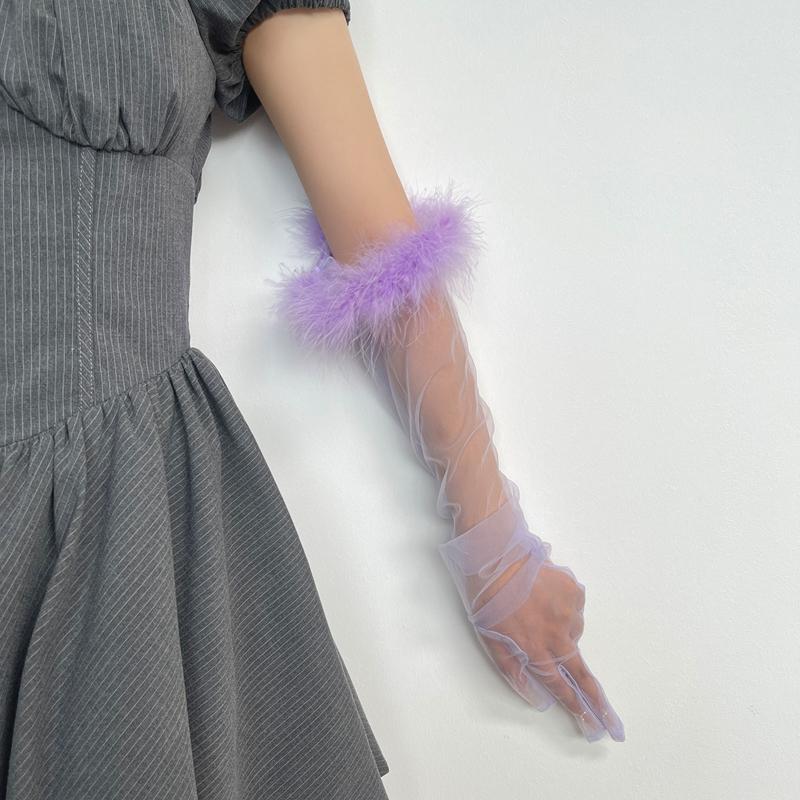 Summer Feather Gauze Thin Sunscreen Long Gloves Personality Tulle Sheer Bride Wedding Gloves Party Accessories