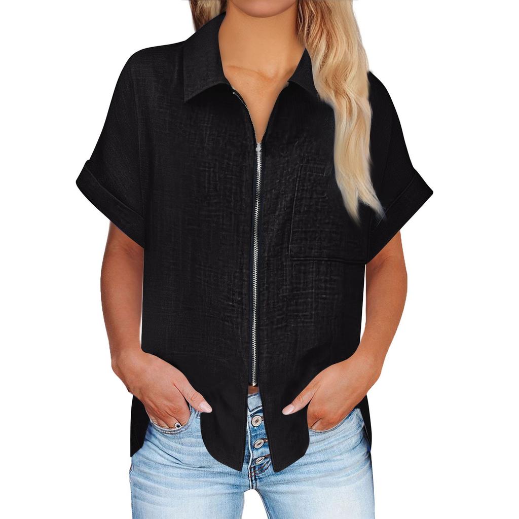 Women Summer Top Short Sleeve Fit Shirt Fashion Casual Clothes Shirt Zipper Short-sleeved Top