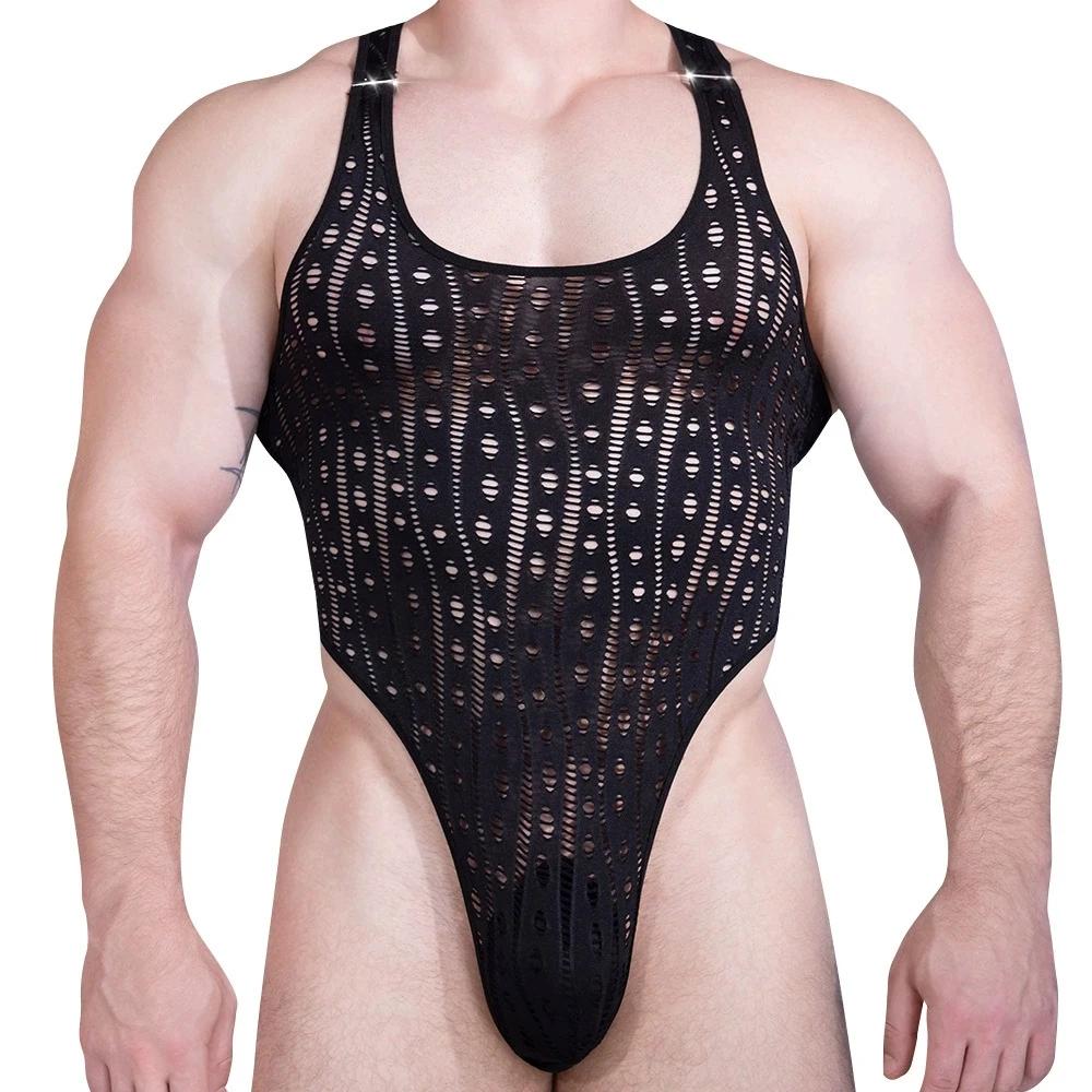 Sexy Herren Spitze Tanktop Hoher Schnitt Body Öl Glänzend Glänzend Weste Durchsichtig Durchsichtig Tanga Dienstmädchen Strumpfhosen Elastisches Tanktop Leotard