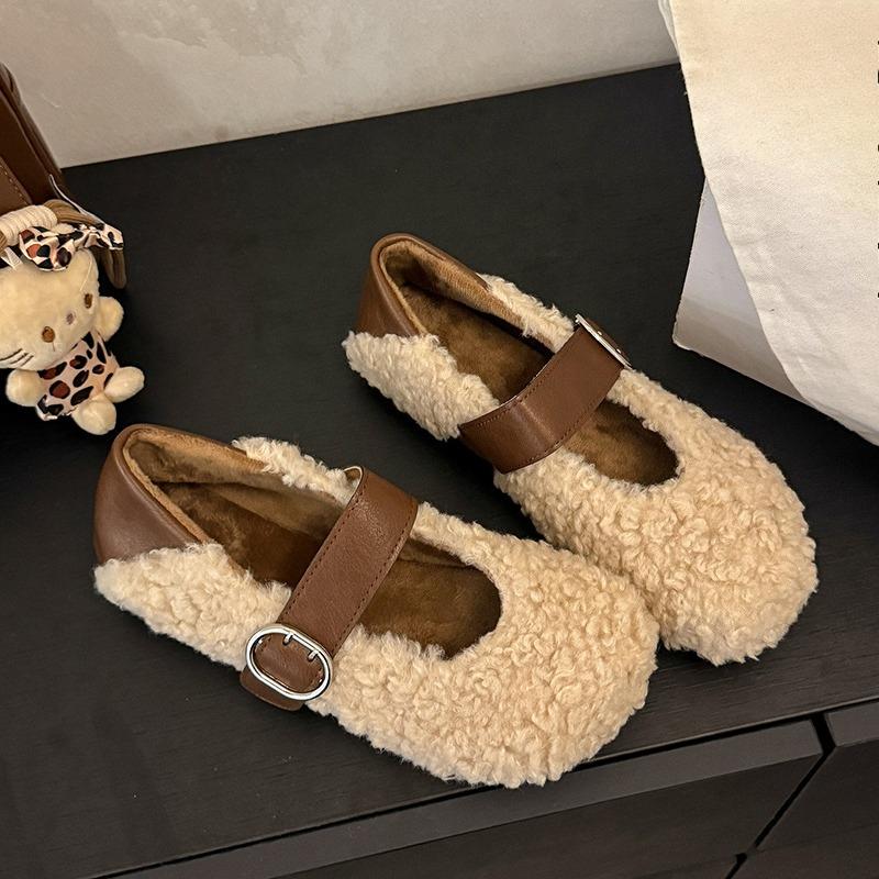 

Leopard Print Fur Shoes Winter New One-line Belt Round Toe Shallow Mouth Soft Sole Non-slip Wear-resistant Flat Shoes 35