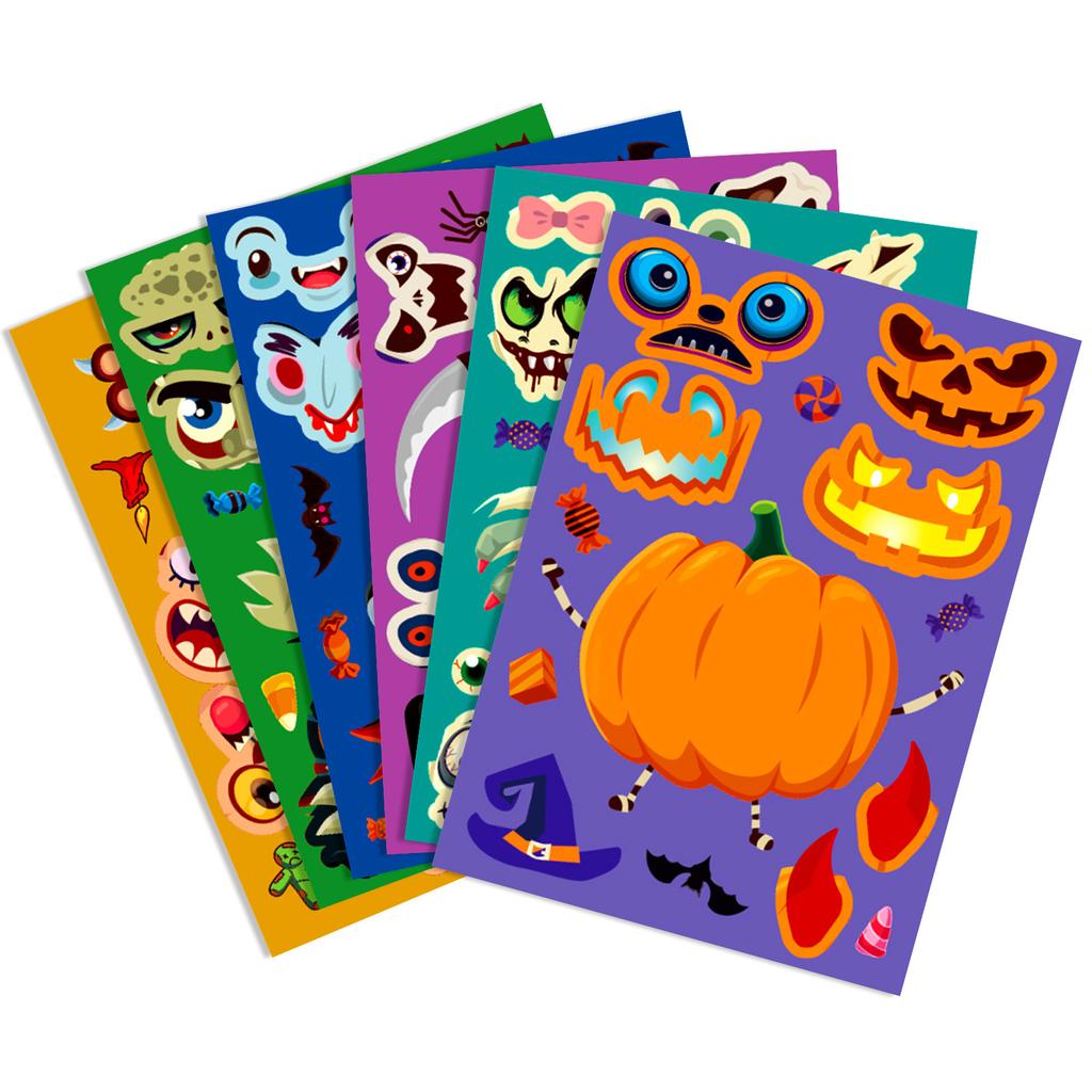 6 Sheets/Pack Halloween Face Change Stickers Holiday Characters Puzzle Stickers Children Fun Halloween Stickers