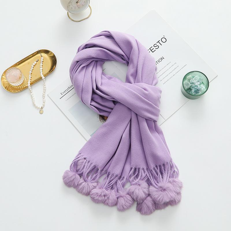 Cashmere Wool Scarf Women's Autumn and Winter High End Solid Color Ball Scarf Versatile Shawl Wool Ball Imitation Cashmere Scarf
