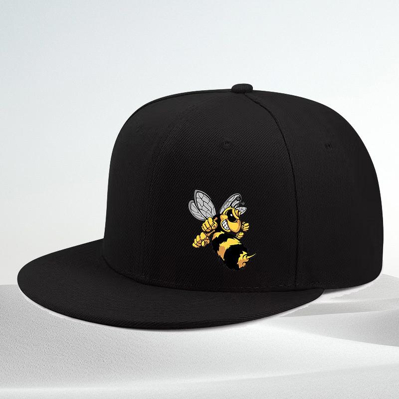 Angry Cartoon Bee Graphic White Snapback Cap Polyester Adjustable Flat Brim Hat Outdoor Streetwear Unisex