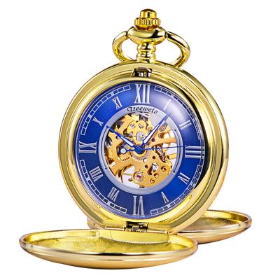 TREEWETO Mechanical Pocket Watch Antique Blue Dial Skeleton Roman Numerals Gold Double Hunter with Chain Lid