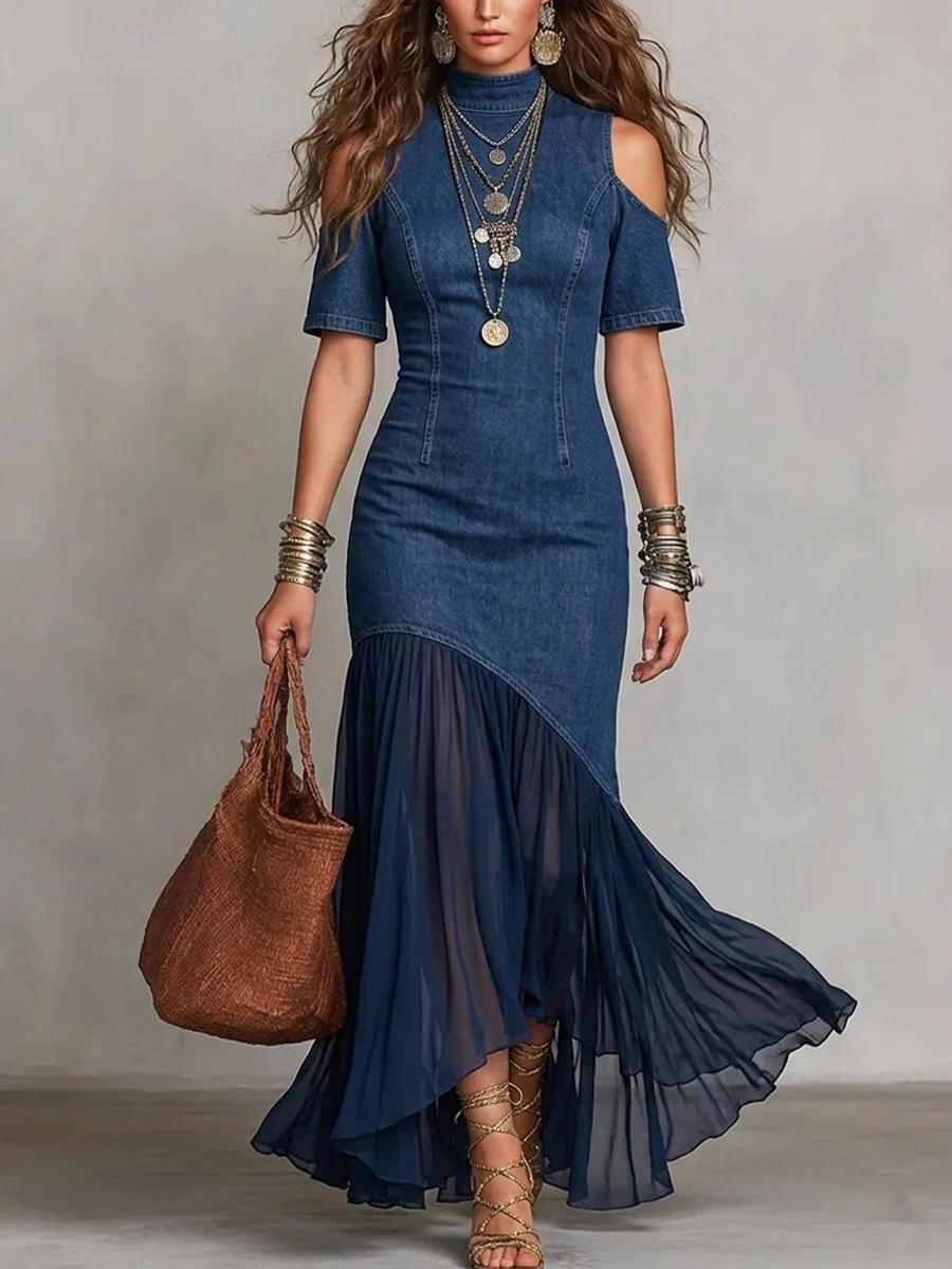 Women Elegant Off Shoulder Short Sleeve French Mesh Hem A Line Midi Dress S