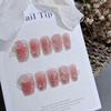 Short Blush Camellia Nails Set - 10 Pieces Gold Line Design