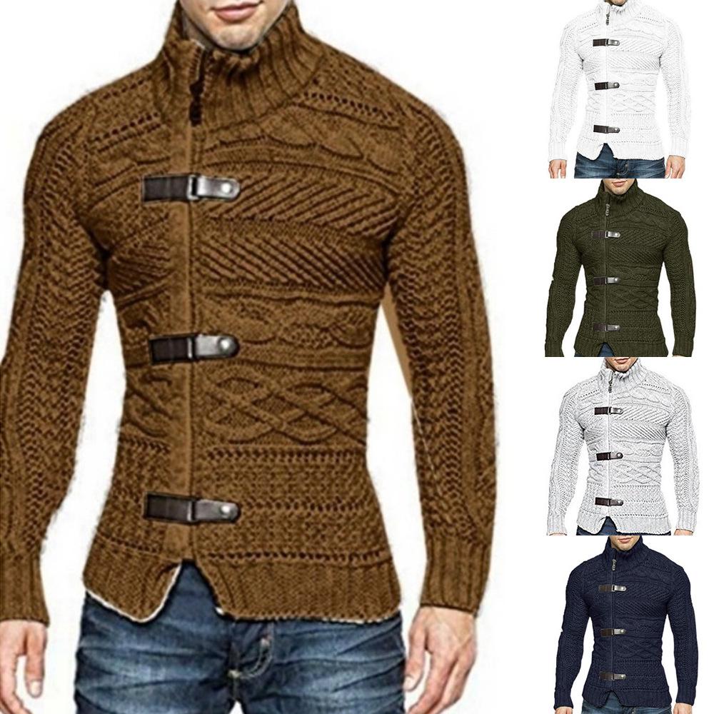 2025 Autumn/Winter Men's Thick High-Neck Leather Buckle Knitted Sweater