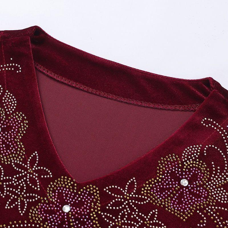 Spring Autumn Women's Plus Size Velvet Blouse Loose Embroidered Long Sleeve Pullover Blouse