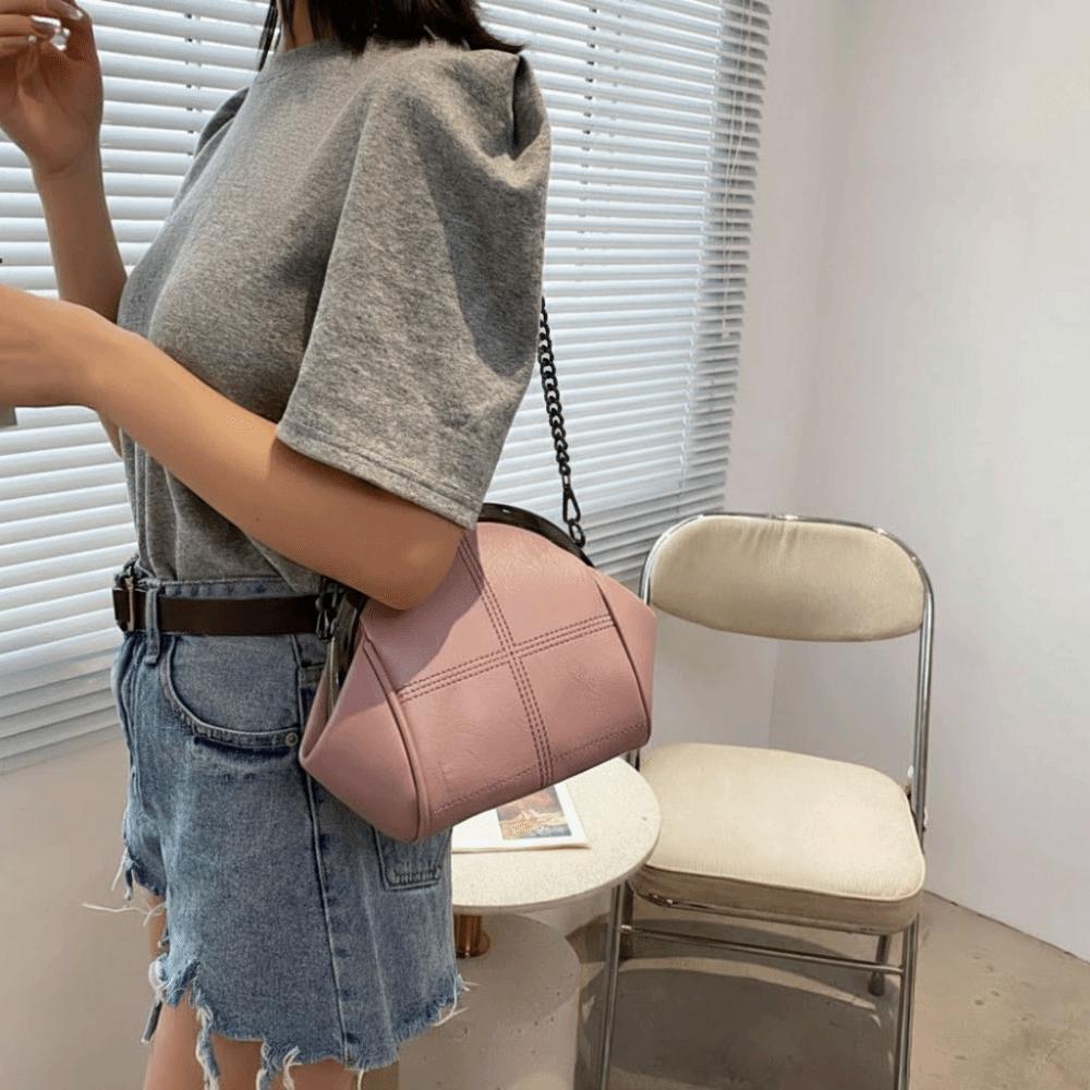Solid Color Kiss Lock Handbag Chain Strap Large Capacity PU Leather Crossbody Bag Short Handle Clip Closure Clutch Shoulder Bag