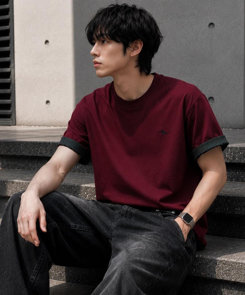 GHOST REPUBLIC Crop Stripe Color Block Roll-Up Short Sleeve T-Shirt Gt-392_Burgundy