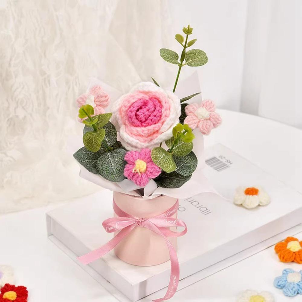 Handmade Knitted Flower Eternal Flower Valentine's Day Gifts Bouquet Crochet Rose Teacher’ Day Gifts Desk Decoration