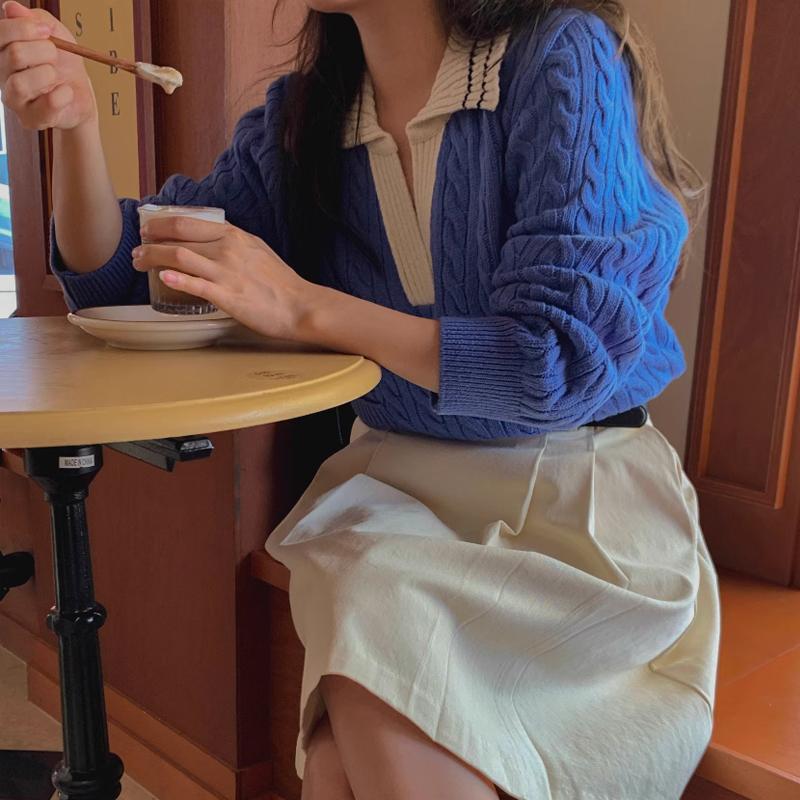 

Свитер Idle Sle в японском стиле в стиле ретро с подобранными цветами, с отворотами и длинными рукавами, вязаный осенний женский свитер 2023 года, новый топ L синий