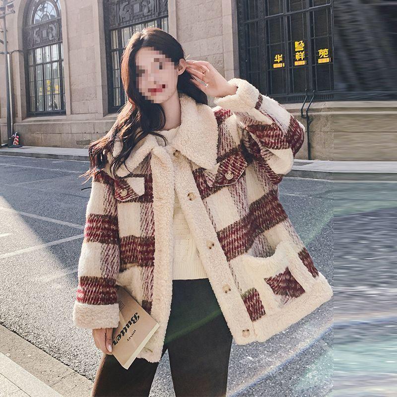

Petite Women s Retro Plaid Faux Lambswool Coat - Korean British Style for Autumn/Winter 2024 S красный