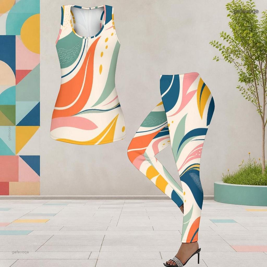 Women Plus Size Two Piece Set Scoop Neck Sleeveless Longline Tank Top Printed Fitted Pants