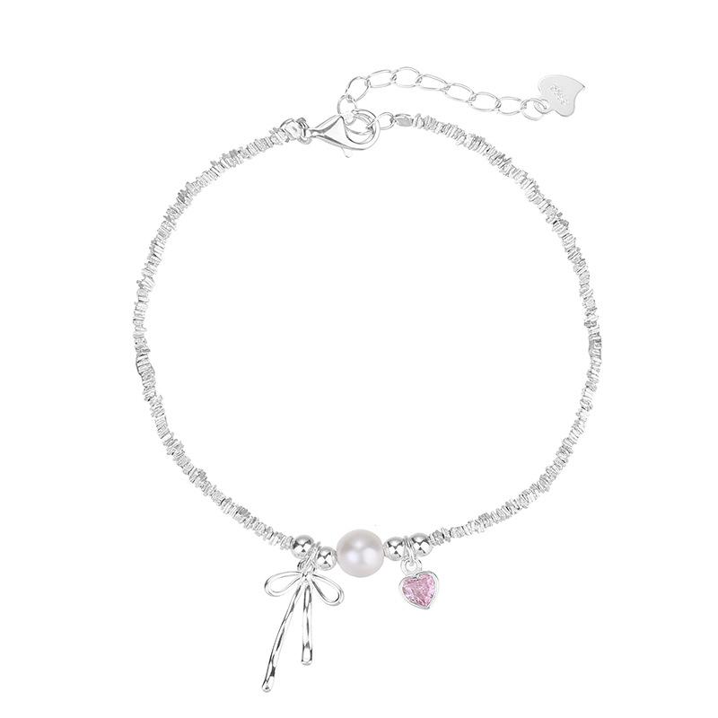 Cui Yan S925 Sterling Silver Korean Bow Bracelet with Pearl Flakes - Elegant and Sweet Design for Women