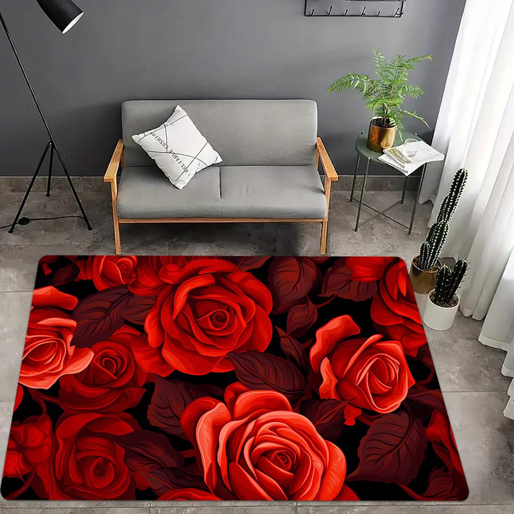 Elegant Red Rose Floral Print Floor Mat, Soft Comfortable Washable Area Rug for Living Room Bedroom Garden, Artistic Home Decor