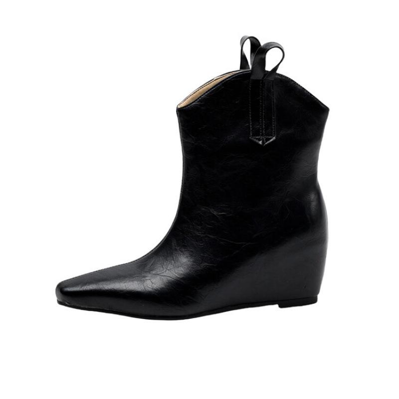 Damen Stiefeletten für Herbst und Winter, einfarbig, Schaftgröße 46, Damenstiefel mit hohem Absatz, spitzer Zehenpartie, Keilabsatz, neue große Größe, Lederstiefel Damen