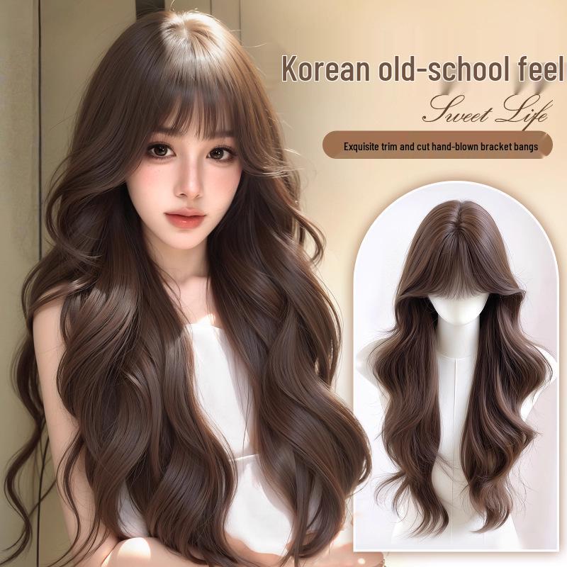 Women's Full Head Wig with Realistic Hair Fibers, Seamless Frontal, Large Scalp Coverage, Bangs, and Large Wave Long Curls
