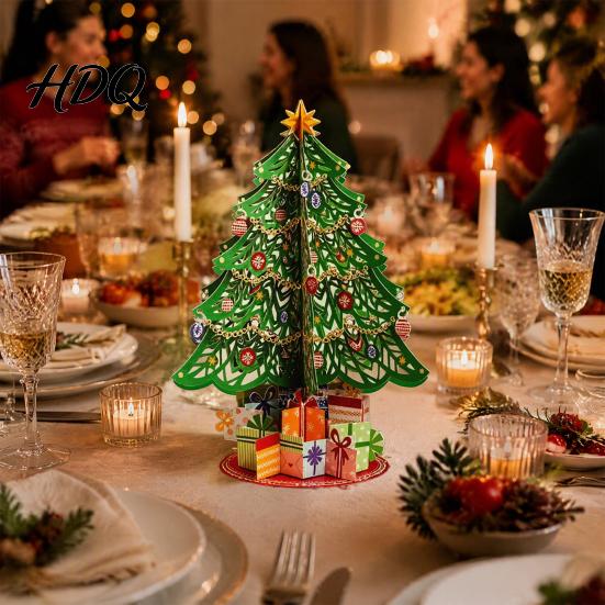 Office Desktop Christmas Ornament 3D Puzzle Paper Tree Decoration Holiday Ornaments Festive Party Table Centerpiece with Star Topper And Gift Box for