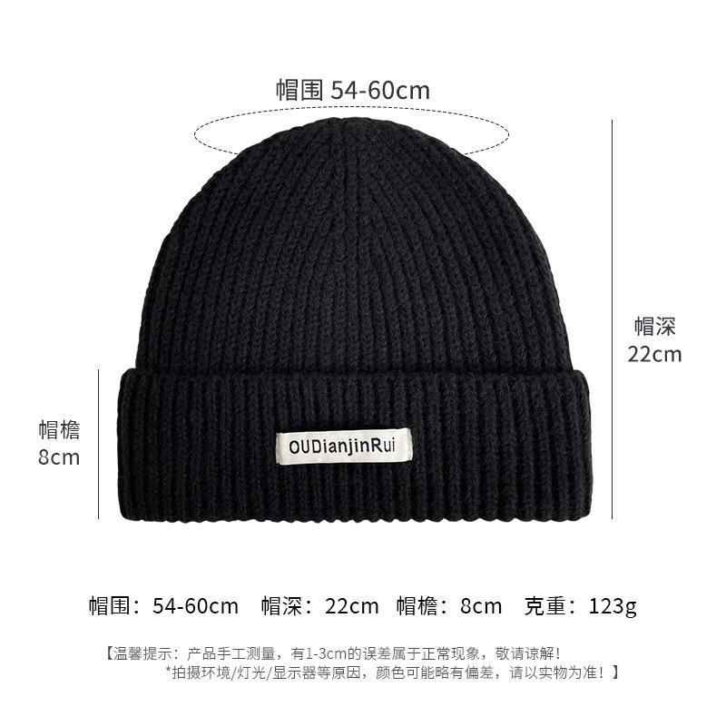 Autumn and winter versatile fabric label knitted hat thickened large head circumference showing face small wool hat cold-proof and warm ear protection